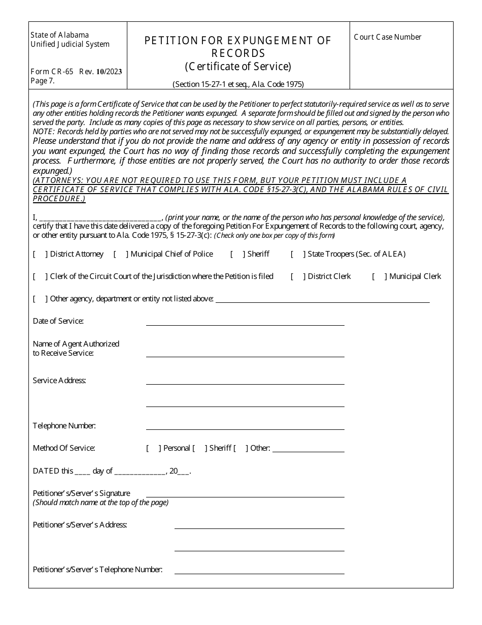 Form CR-65 Petition for Expungement of Records - Alabama, Page 7