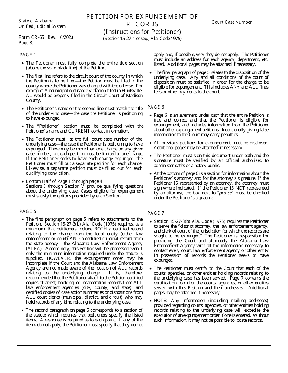 Form CR-65 Petition for Expungement of Records - Alabama, Page 8