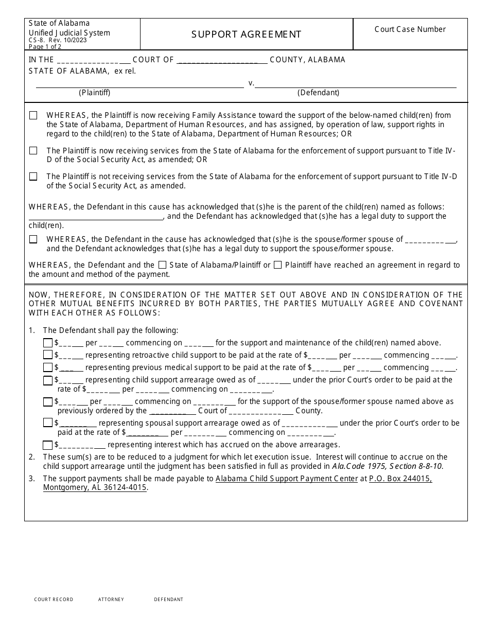 Form CS-8 Support Agreement - Alabama, Page 1