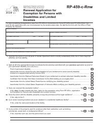 Document preview: Form RP-459-C-RNW Renewal Application for Exemption for Persons With Disabilities and Limited Incomes - New York, 2024