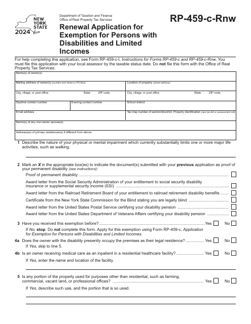 Form RP-459-C-RNW Renewal Application for Exemption for Persons With Disabilities and Limited Incomes - New York, 2024