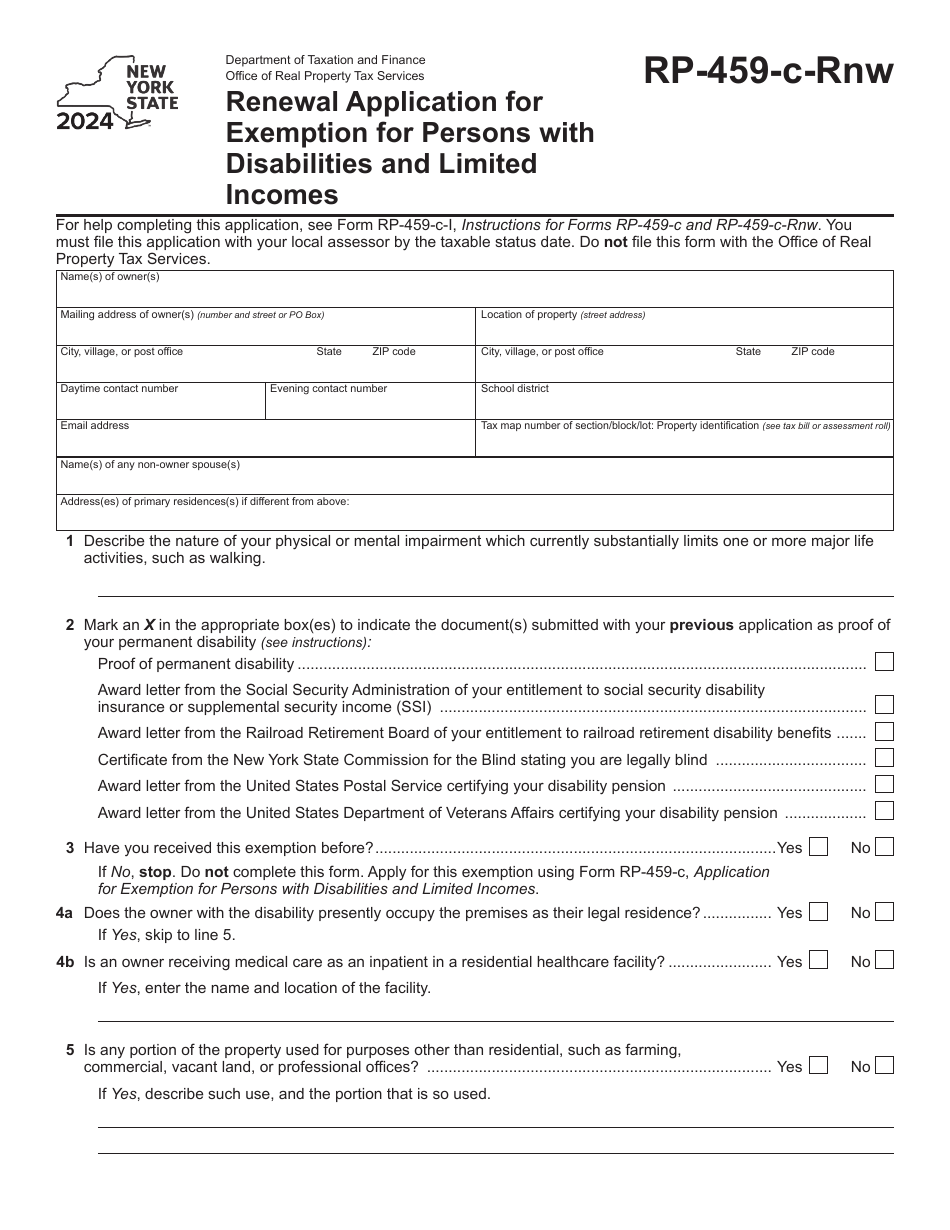 Form RP-459-C-RNW Renewal Application for Exemption for Persons With Disabilities and Limited Incomes - New York, Page 1