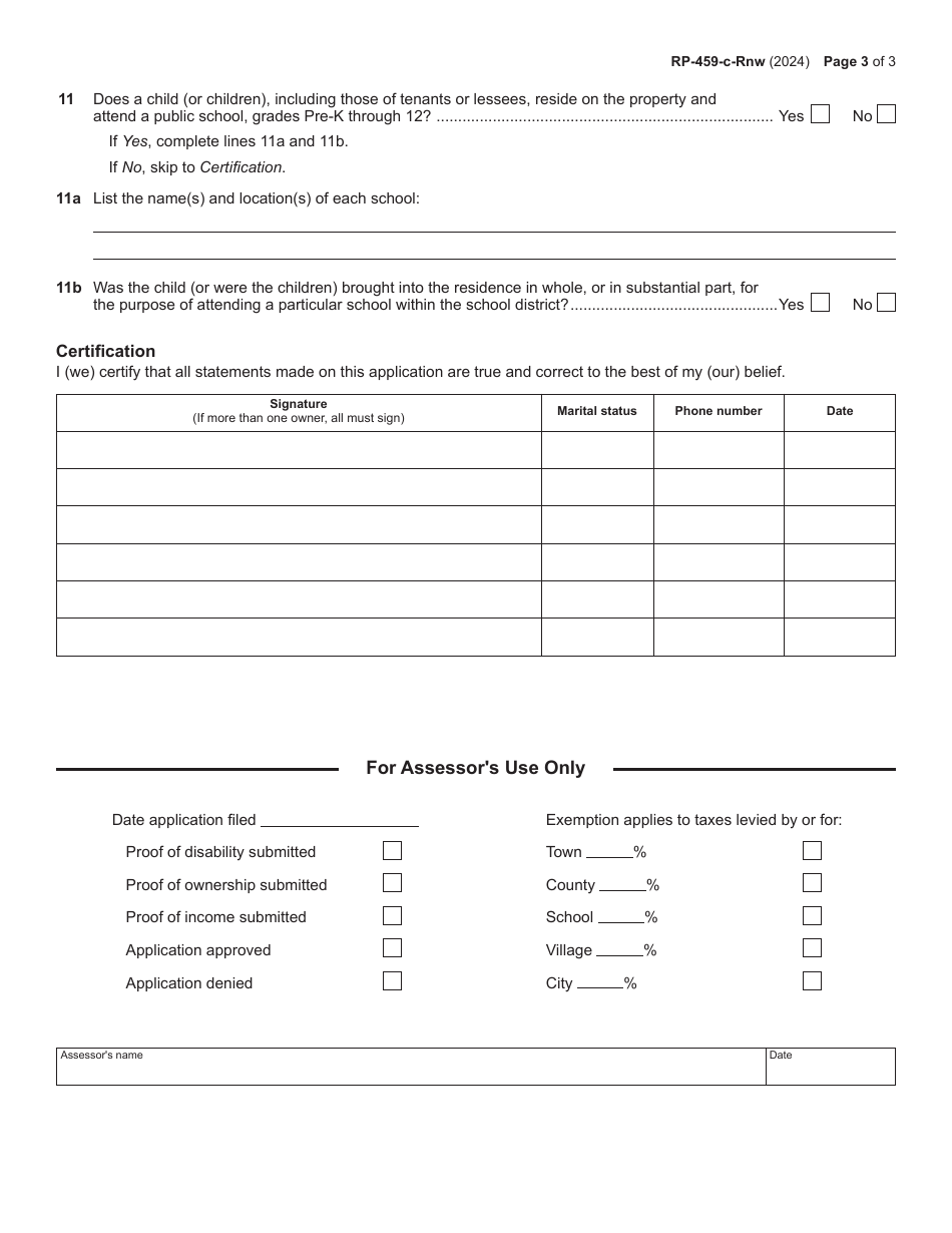 Form RP-459-C-RNW Renewal Application for Exemption for Persons With Disabilities and Limited Incomes - New York, Page 3