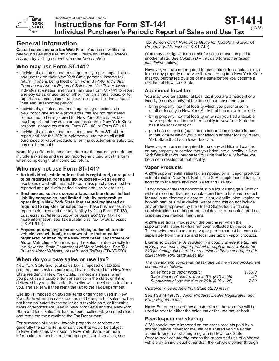 Instructions for Form ST-141 Individual Purchasers Periodic Report of Sales and Use Tax - New York, Page 1