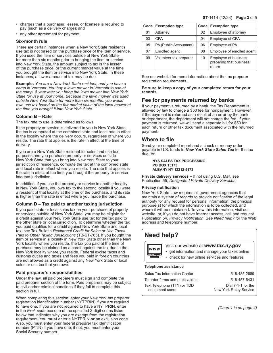 Instructions for Form ST-141 Individual Purchasers Periodic Report of Sales and Use Tax - New York, Page 3