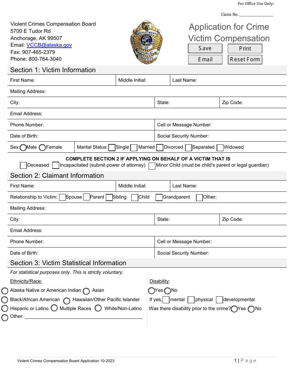 Application for Crime Victim Compensation - Alaska, Page 1