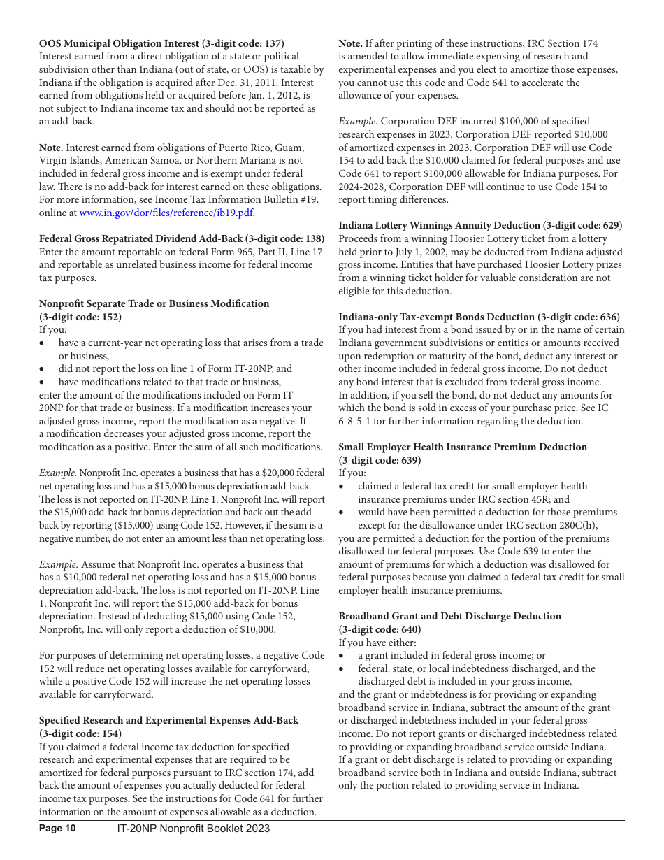 Instructions for Form IT-20NP, State Form 148 Indiana Nonprofit Organization Unrelated Business Income Tax Return - Indiana, Page 10