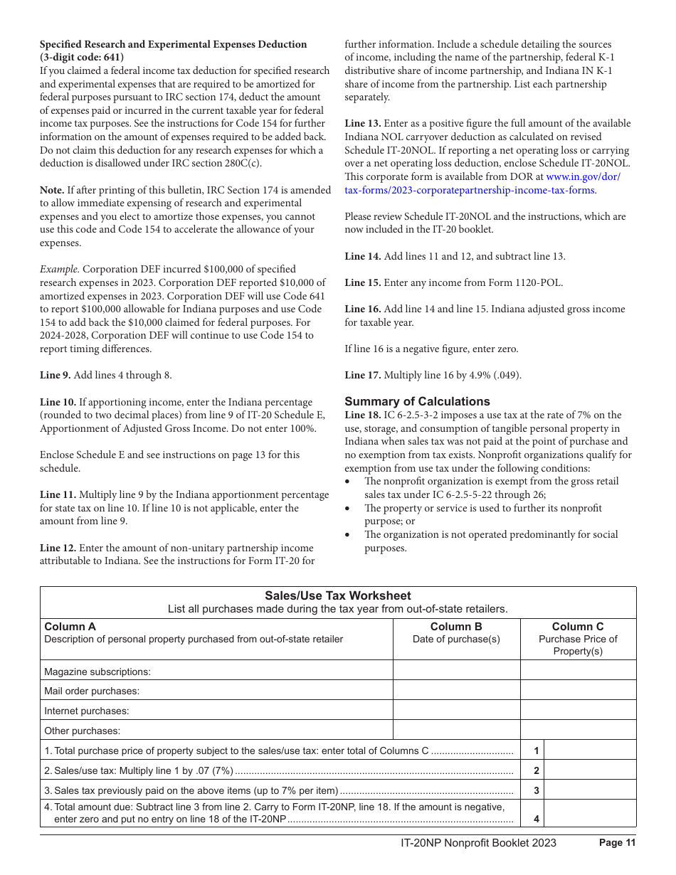 Instructions for Form IT-20NP, State Form 148 Indiana Nonprofit Organization Unrelated Business Income Tax Return - Indiana, Page 11
