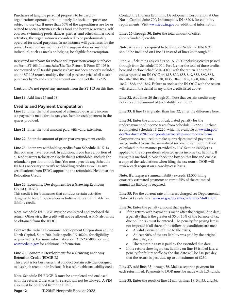 Instructions for Form IT-20NP, State Form 148 Indiana Nonprofit Organization Unrelated Business Income Tax Return - Indiana, Page 12