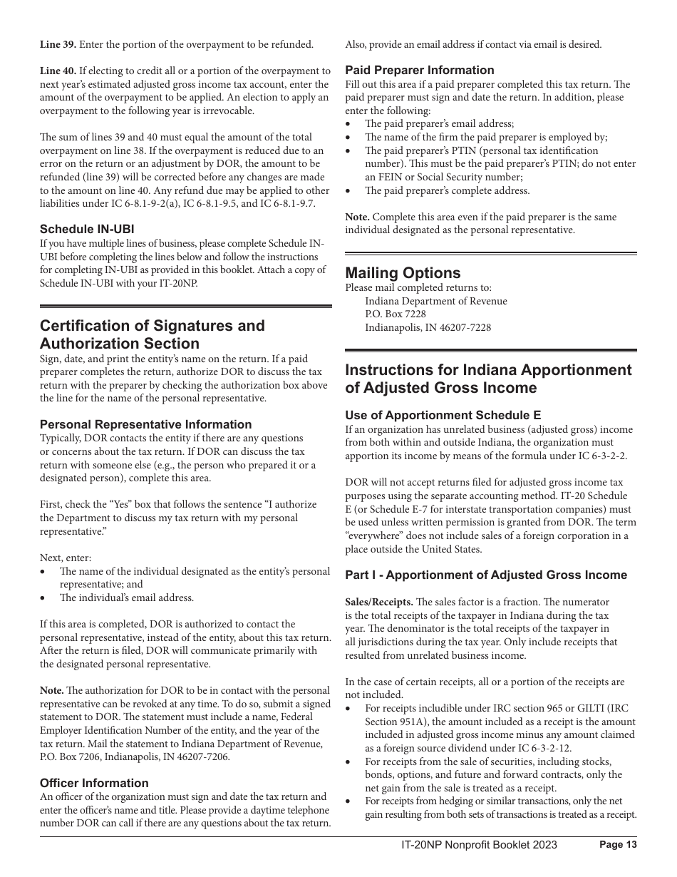 Instructions for Form IT-20NP, State Form 148 Indiana Nonprofit Organization Unrelated Business Income Tax Return - Indiana, Page 13
