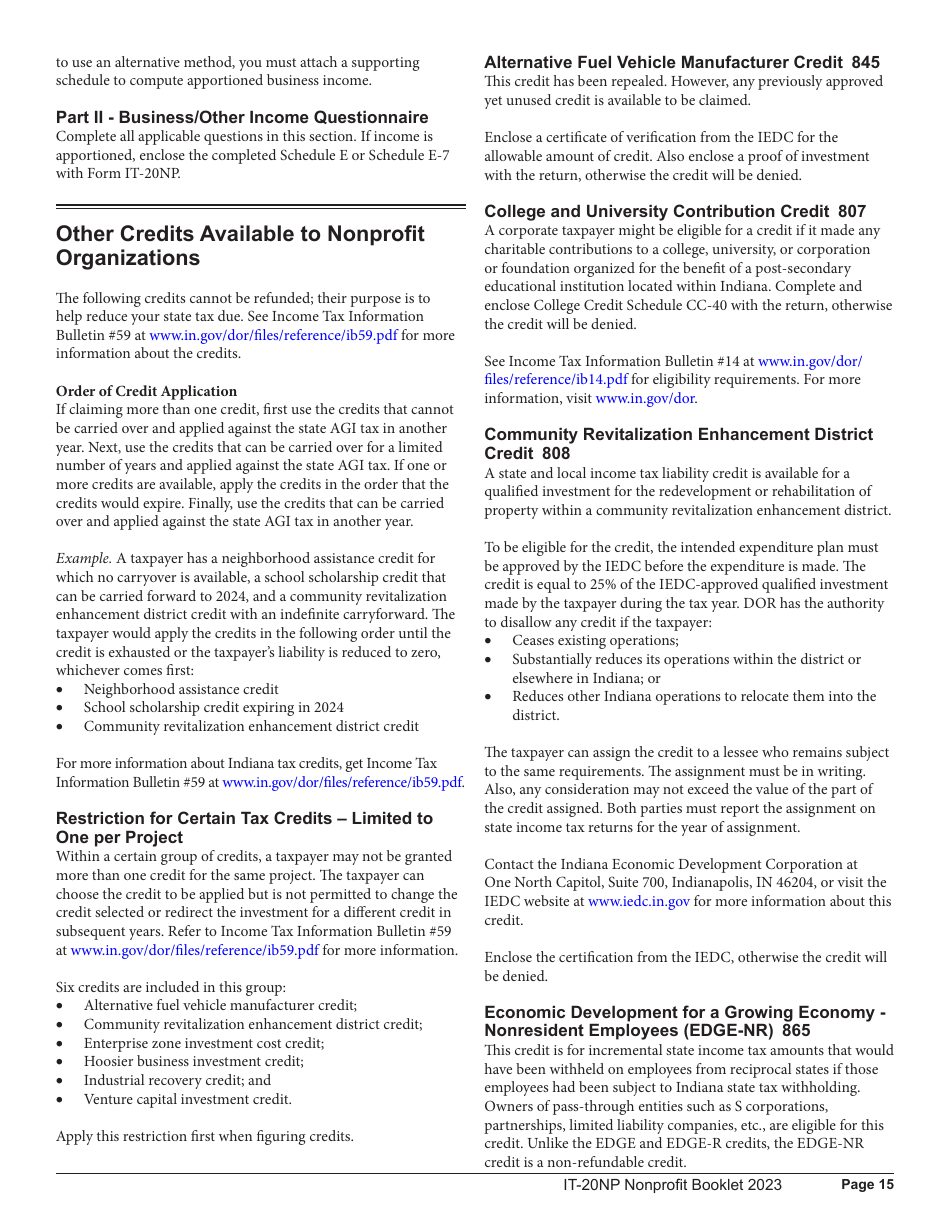 Instructions for Form IT-20NP, State Form 148 Indiana Nonprofit Organization Unrelated Business Income Tax Return - Indiana, Page 15