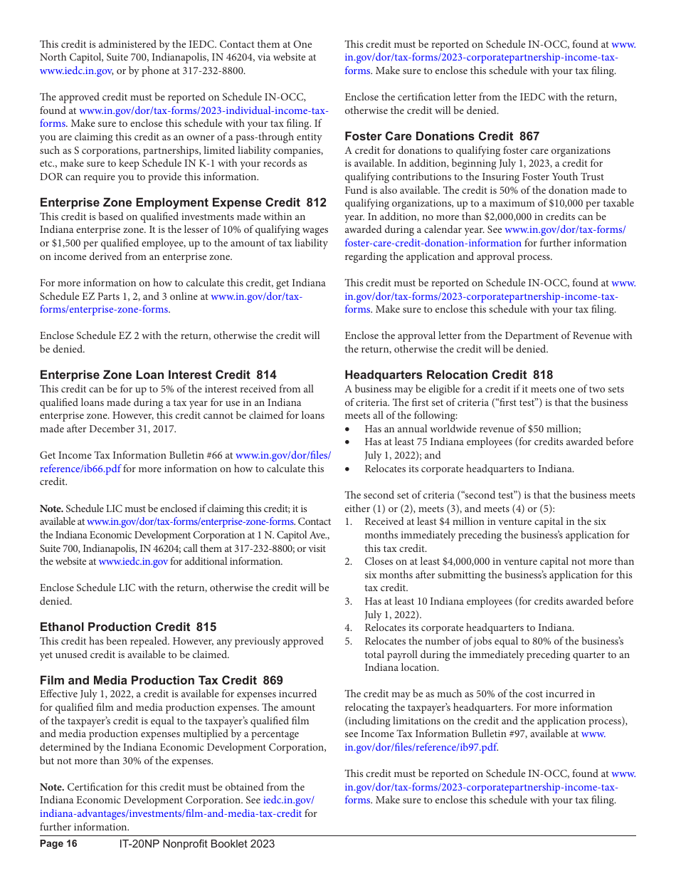 Instructions for Form IT-20NP, State Form 148 Indiana Nonprofit Organization Unrelated Business Income Tax Return - Indiana, Page 16