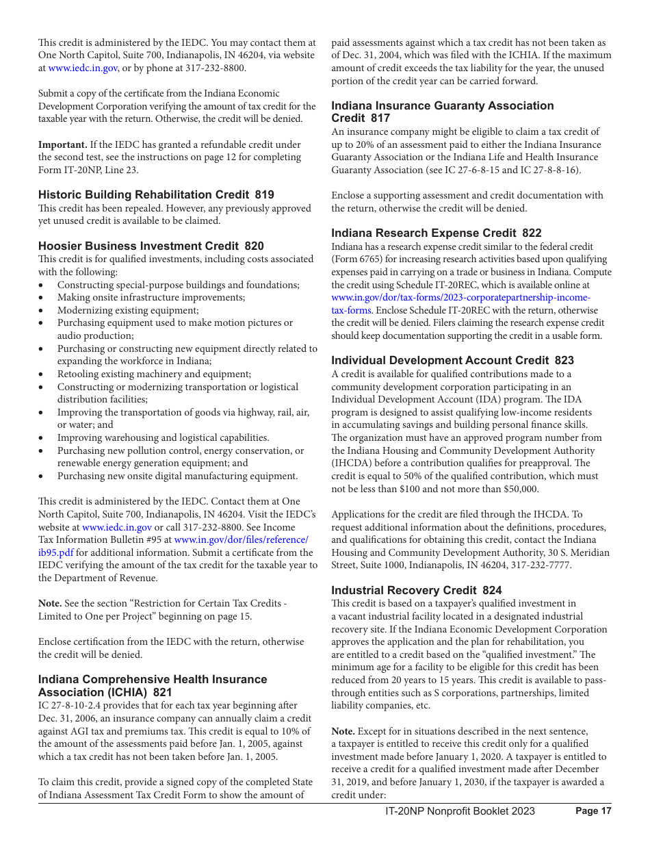Instructions for Form IT-20NP, State Form 148 Indiana Nonprofit Organization Unrelated Business Income Tax Return - Indiana, Page 17