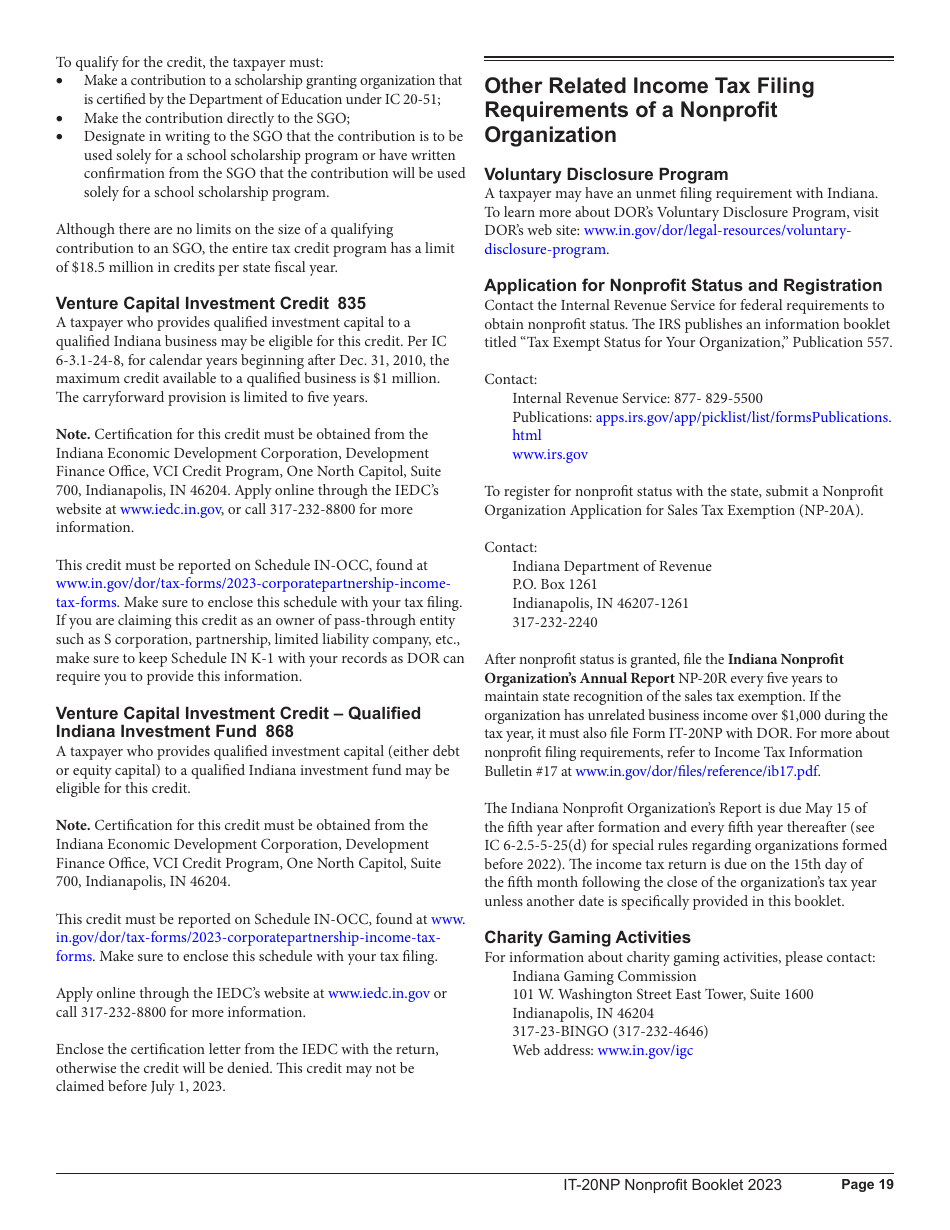 Instructions for Form IT-20NP, State Form 148 Indiana Nonprofit Organization Unrelated Business Income Tax Return - Indiana, Page 19