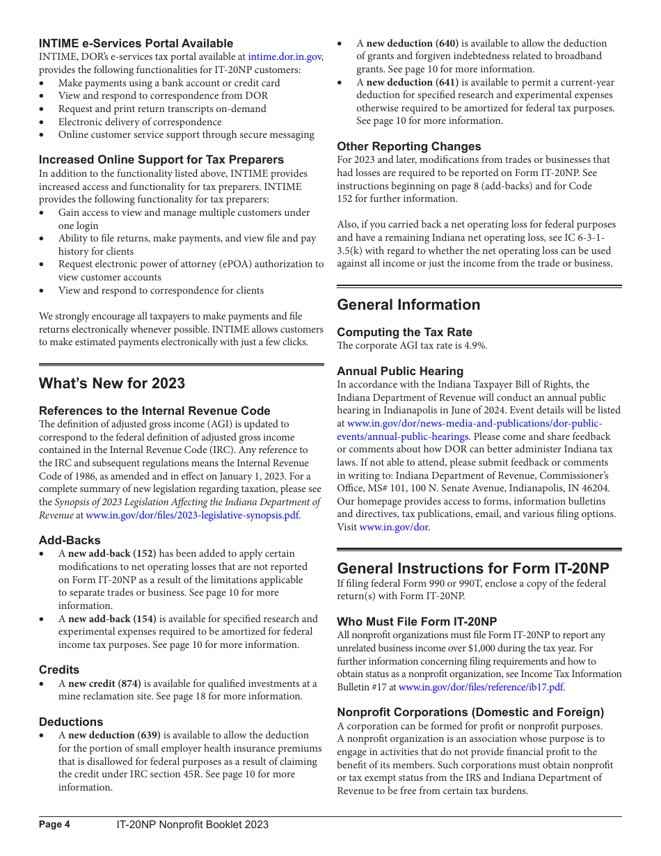 Instructions for Form IT-20NP, State Form 148 Indiana Nonprofit Organization Unrelated Business Income Tax Return - Indiana, Page 4