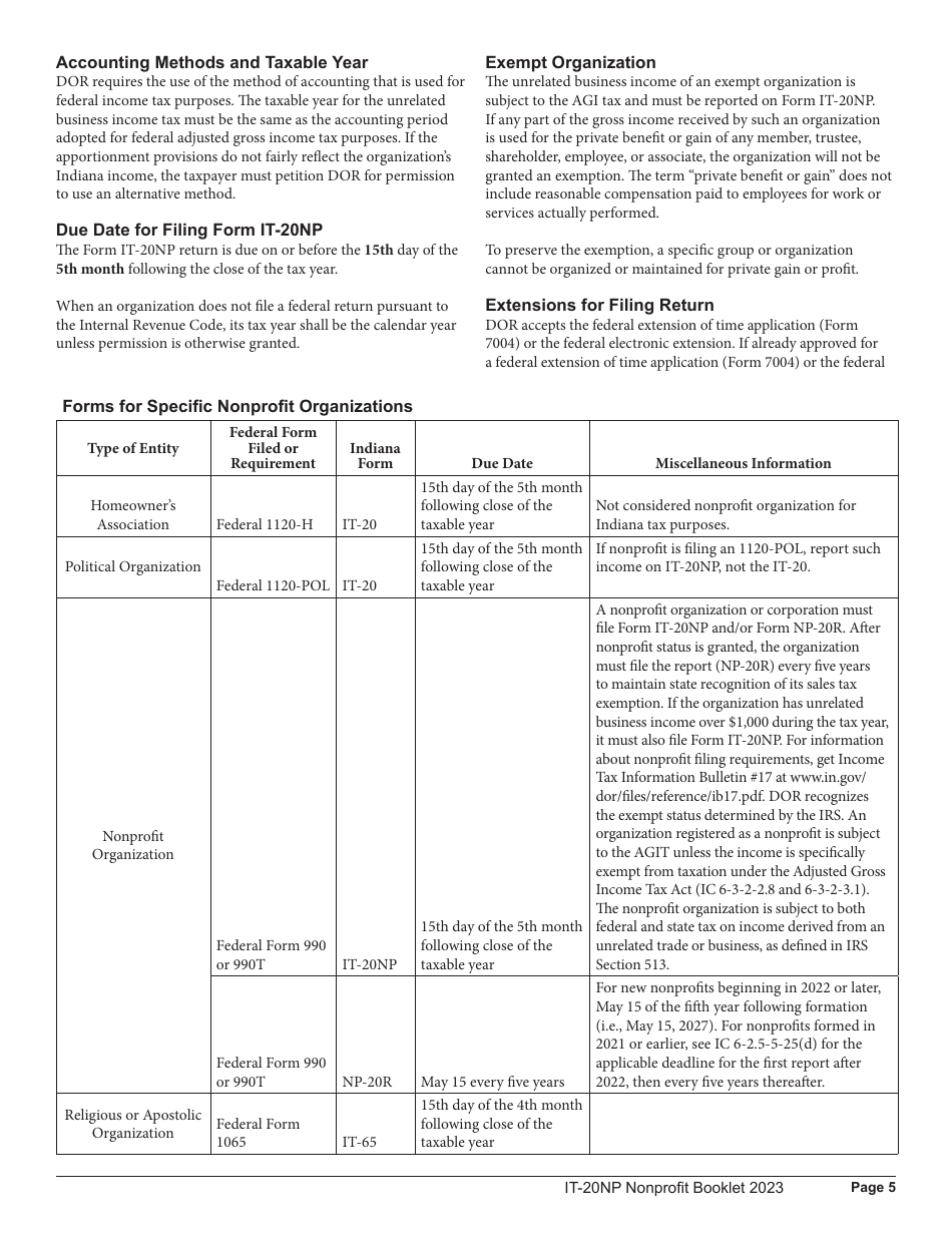 Instructions for Form IT-20NP, State Form 148 Indiana Nonprofit Organization Unrelated Business Income Tax Return - Indiana, Page 5