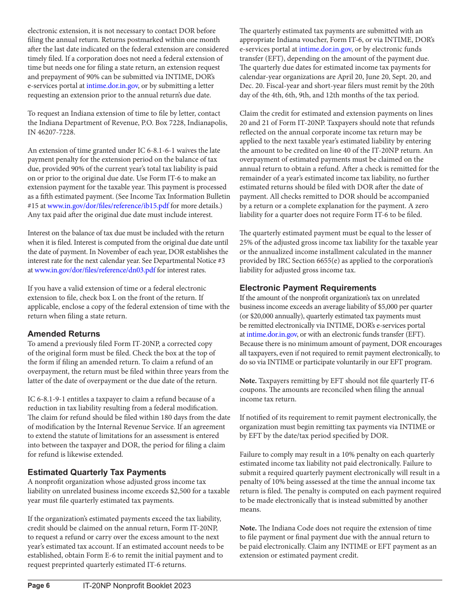 Instructions for Form IT-20NP, State Form 148 Indiana Nonprofit Organization Unrelated Business Income Tax Return - Indiana, Page 6