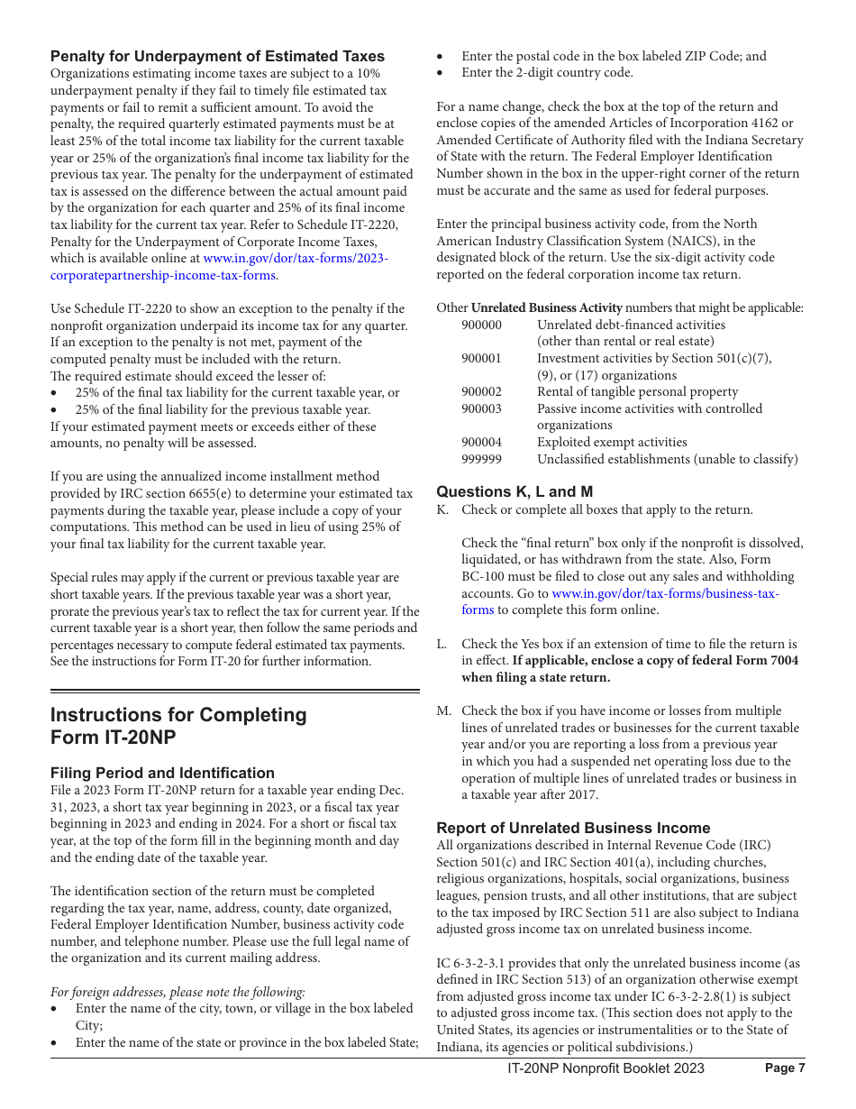 Instructions for Form IT-20NP, State Form 148 Indiana Nonprofit Organization Unrelated Business Income Tax Return - Indiana, Page 7