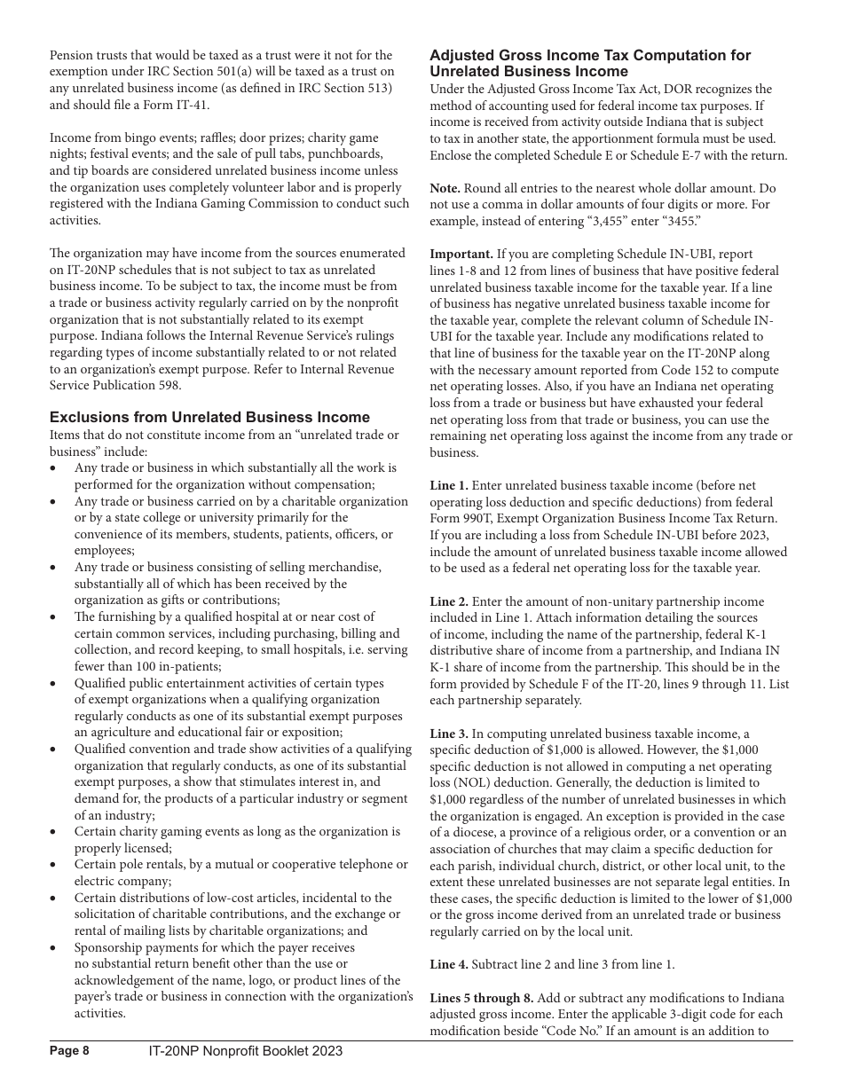Instructions for Form IT-20NP, State Form 148 Indiana Nonprofit Organization Unrelated Business Income Tax Return - Indiana, Page 8