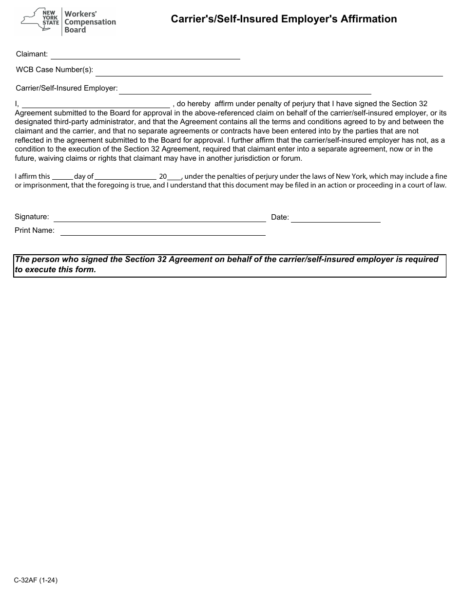 Form C-32AF Carriers / Self-insured Employers Affirmation - New York, Page 1