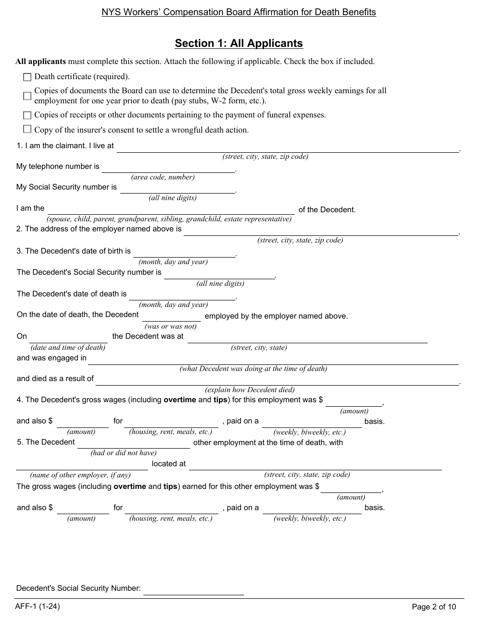 Form AFF-1 Affirmation for Workers Compensation Death Benefits - New York, Page 3