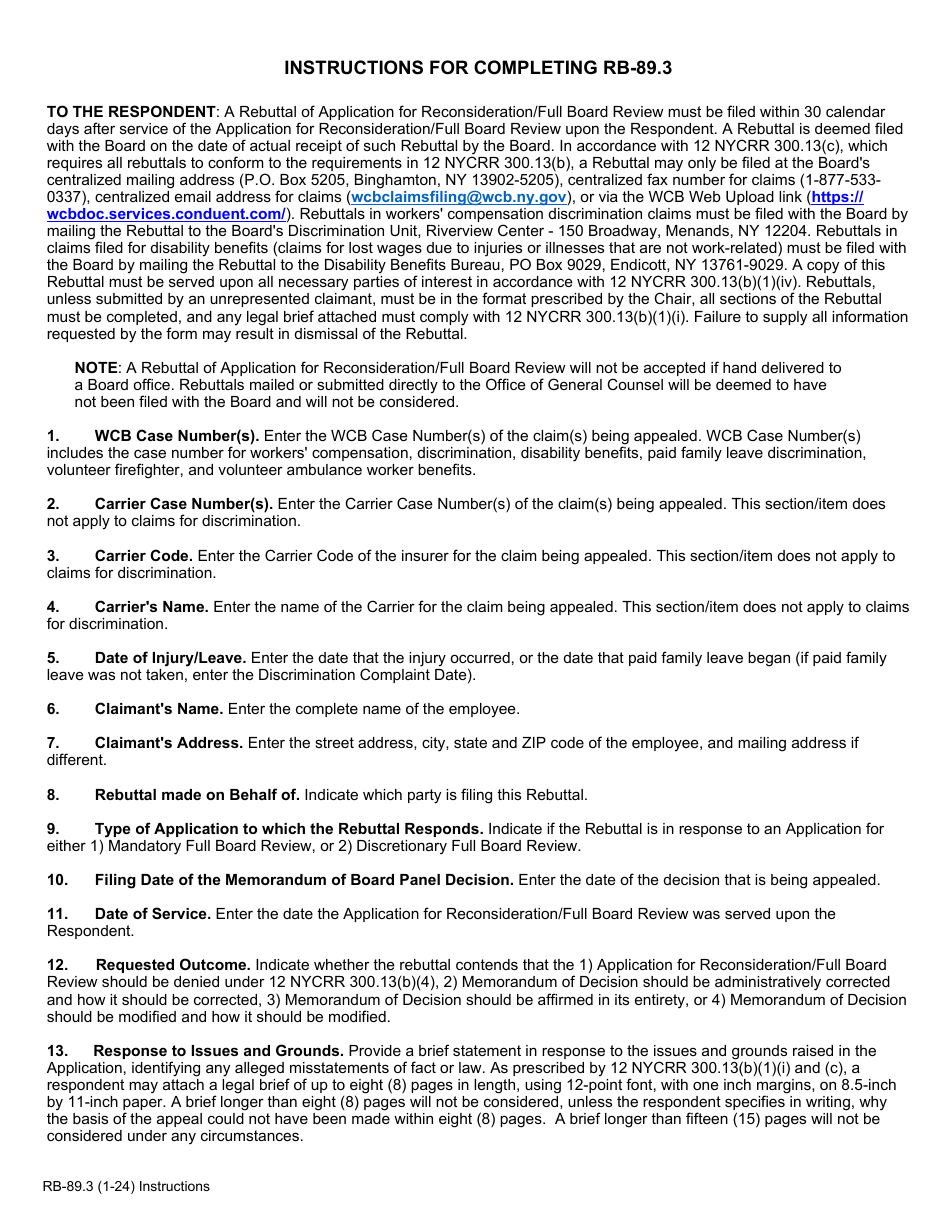 Form RB-89.3 Rebuttal of Application for Reconsideration / Full Board Review - New York, Page 1