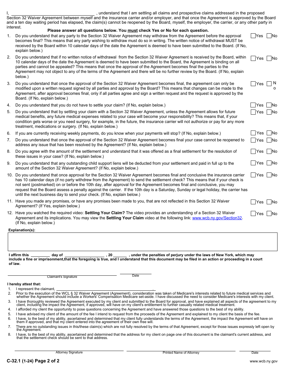 Form C-32.1 Section 32 Waiver Agreement: Claimant Release - New York, Page 2