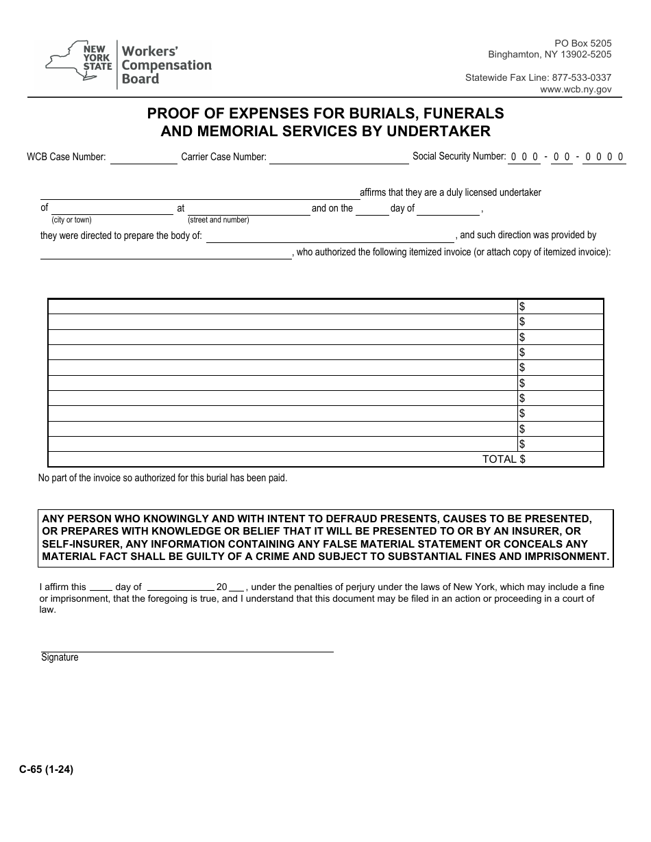 Form C-65 Proof of Expenses for Burials, Funerals and Memorial Services by Undertaker - New York, Page 1