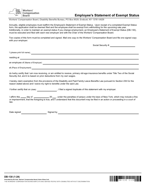 Form DB-130 Employee's Statement of Exempt Status - New York