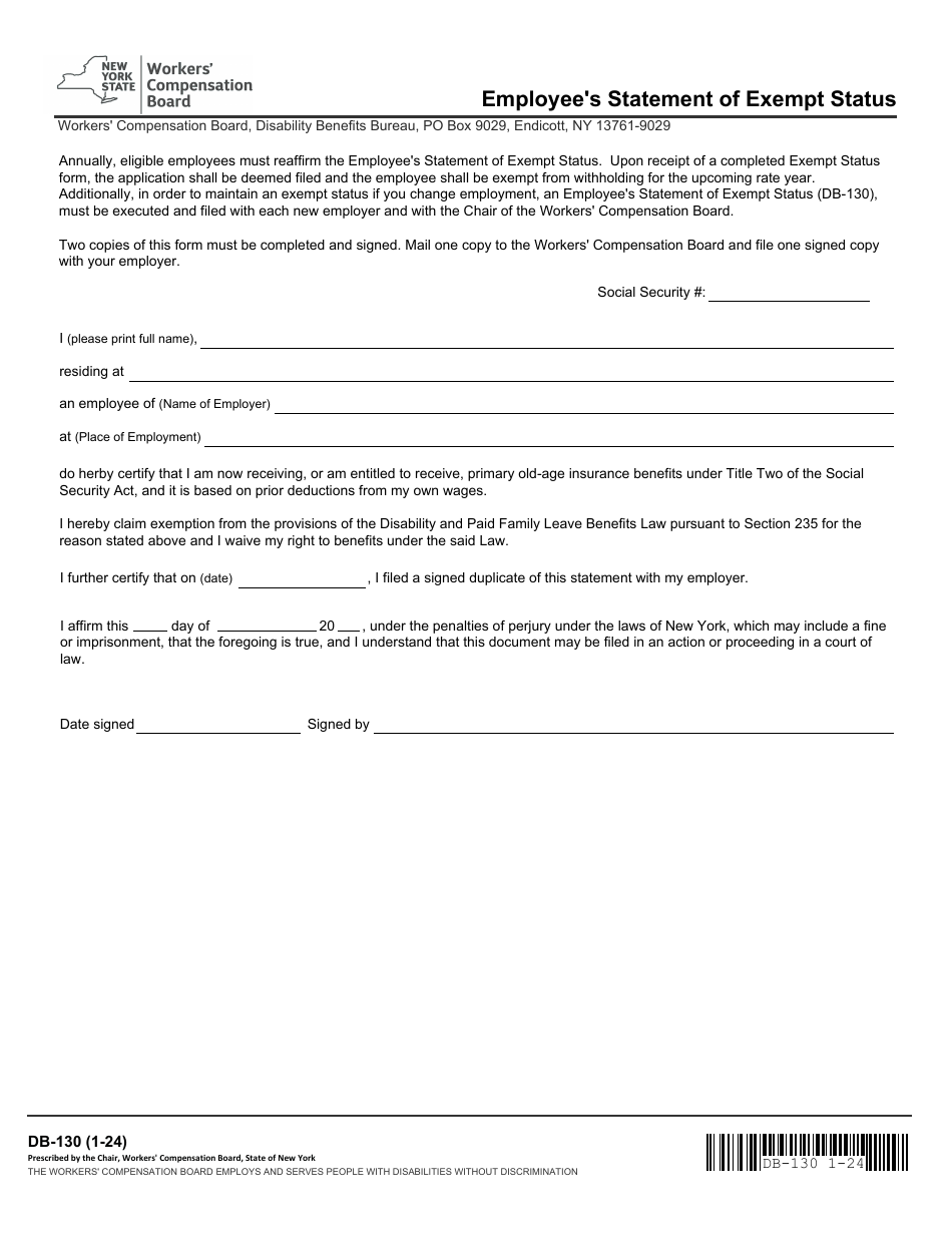 Form DB-130 Employees Statement of Exempt Status - New York, Page 1