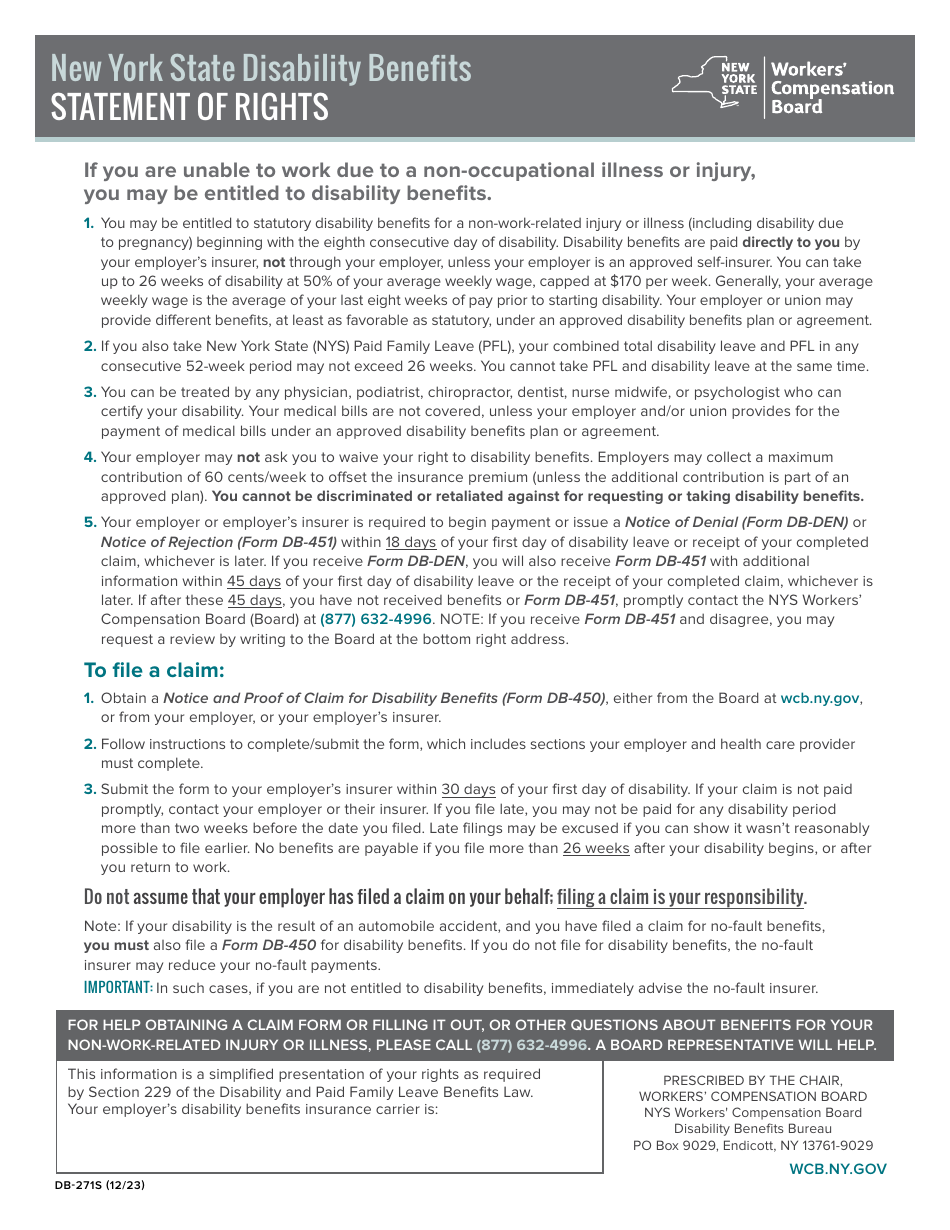 Form DB-271S New York State Disability Benefits Statement of Rights - New York, Page 1