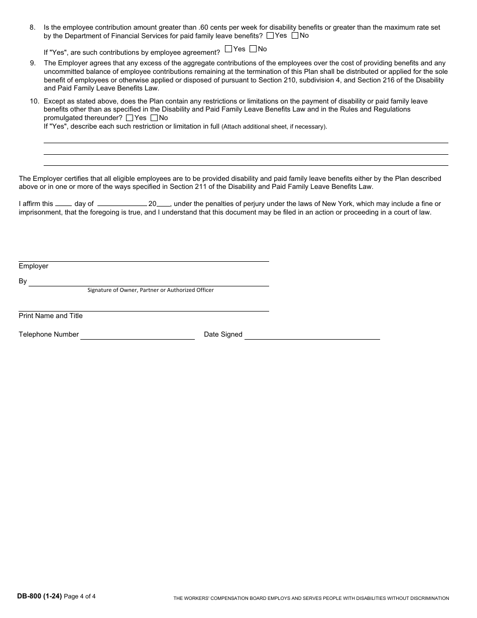 Form DB-800 Application for Approval of Plan of Employer Providing Disability and / or Paid Family Leave Benefits - New York, Page 4