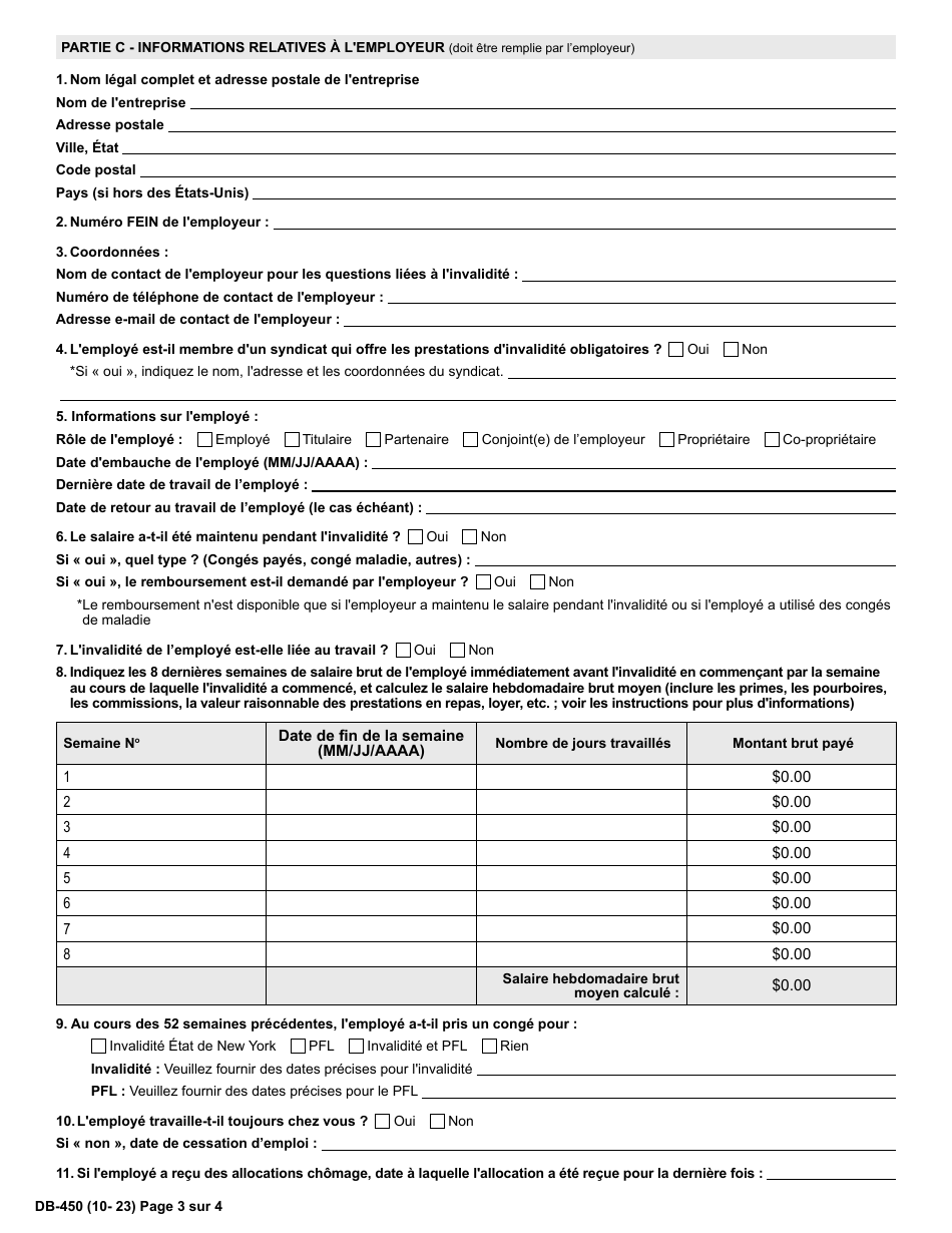 Form DB-450 Notice and Proof of Claim for Disability Benefits - New York (French), Page 4
