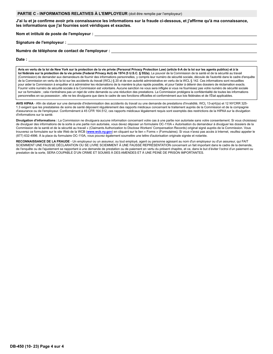 Form DB-450 Notice and Proof of Claim for Disability Benefits - New York (French), Page 5