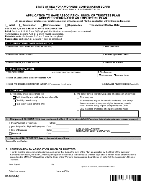 Form DB-802 Application to Have Association, Union or Trustees Plan Accepted/Terminated as Employer's Plan - New York
