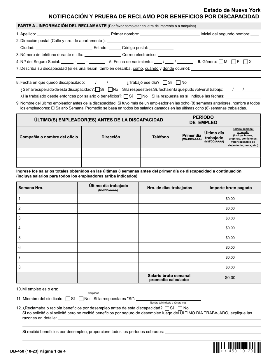 Formulario DB-450 Notificacion Y Prueba De Reclamo Por Beneficios Por Discapacidad - New York (Spanish), Page 2