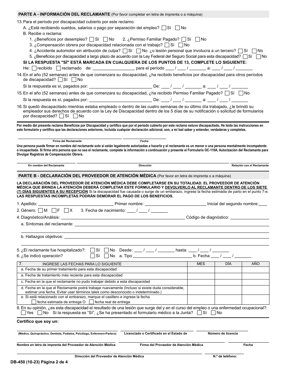 Formulario DB-450 Notificacion Y Prueba De Reclamo Por Beneficios Por Discapacidad - New York (Spanish), Page 3