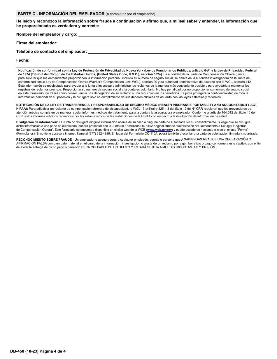 Formulario DB-450 Notificacion Y Prueba De Reclamo Por Beneficios Por Discapacidad - New York (Spanish), Page 5