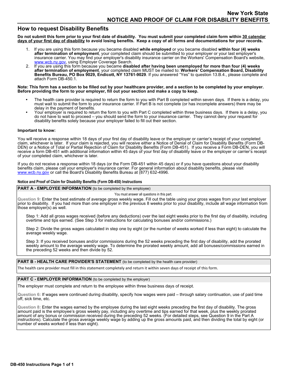 Form DB-450 Notice and Proof of Claim for Disability Benefits - New York, Page 1