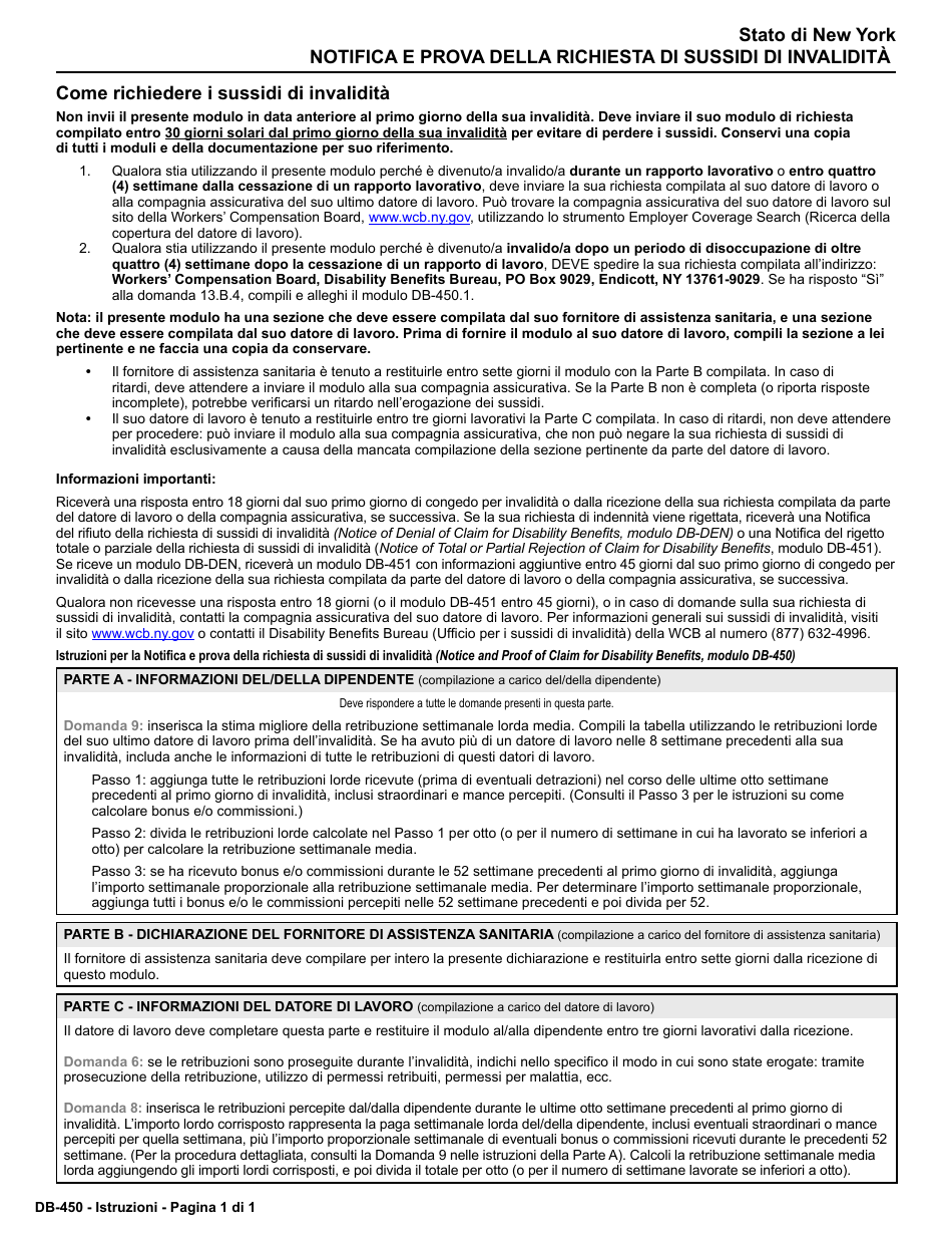 Form DB-450 Notice and Proof of Claim for Disability Benefits - New York (Italian), Page 1