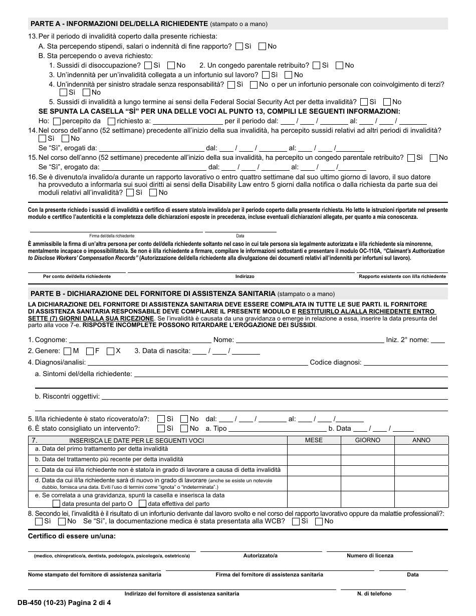 Form DB-450 Notice and Proof of Claim for Disability Benefits - New York (Italian), Page 3