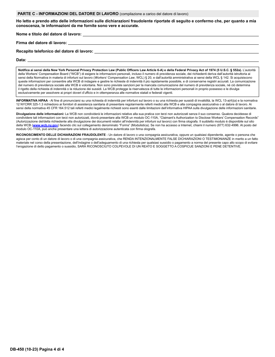 Form DB-450 Notice and Proof of Claim for Disability Benefits - New York (Italian), Page 5
