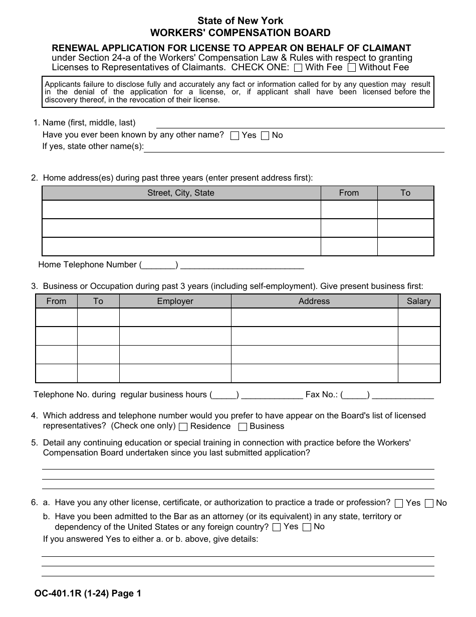 Form OC-401.1R Renewal Application for License to Appear on Behalf of Claimant - New York, Page 1