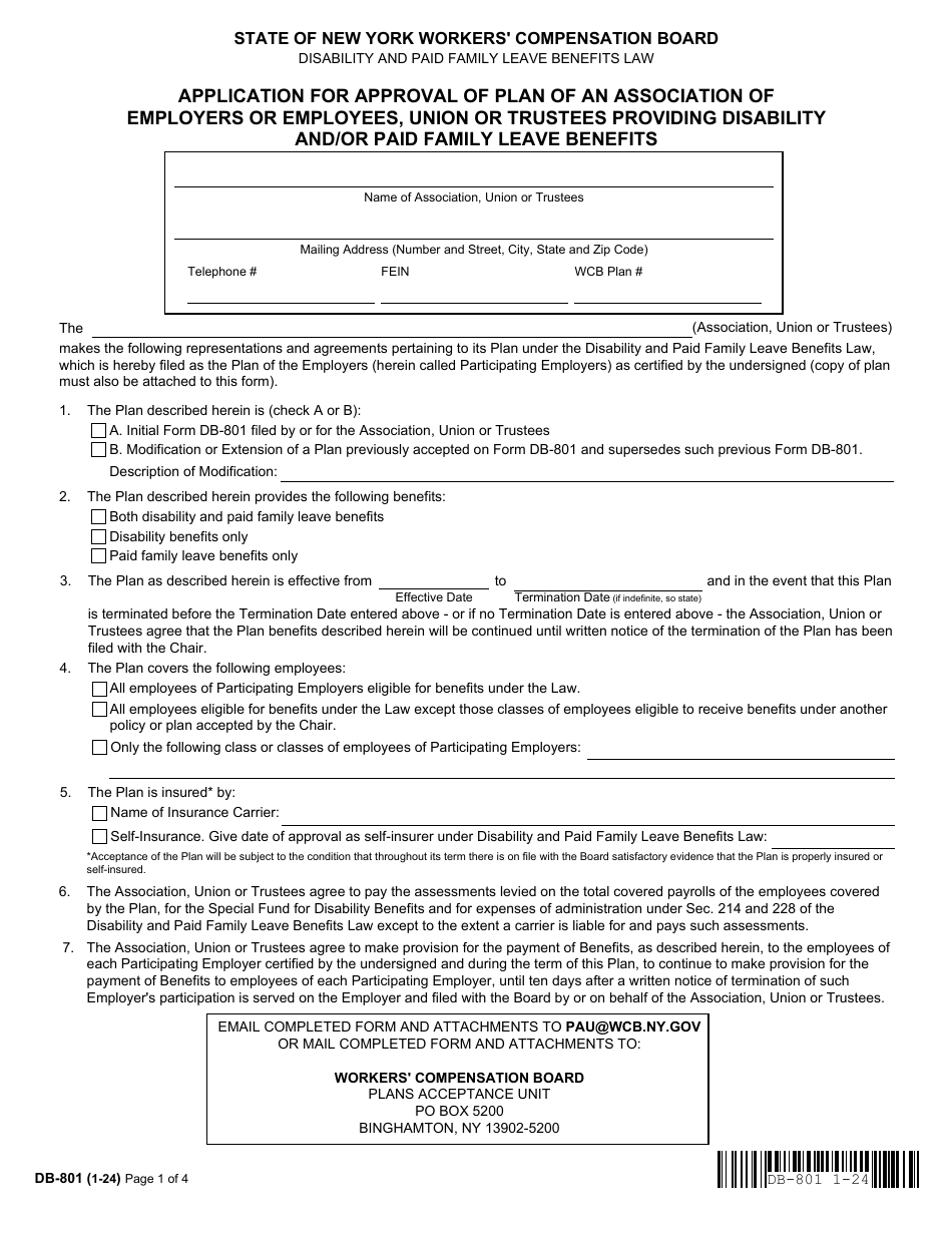 Form DB-801 Application for Approval of Plan of an Association of Employers or Employees, Union or Trustees Providing Disability and / or Paid Family Leave Benefits - New York, Page 1