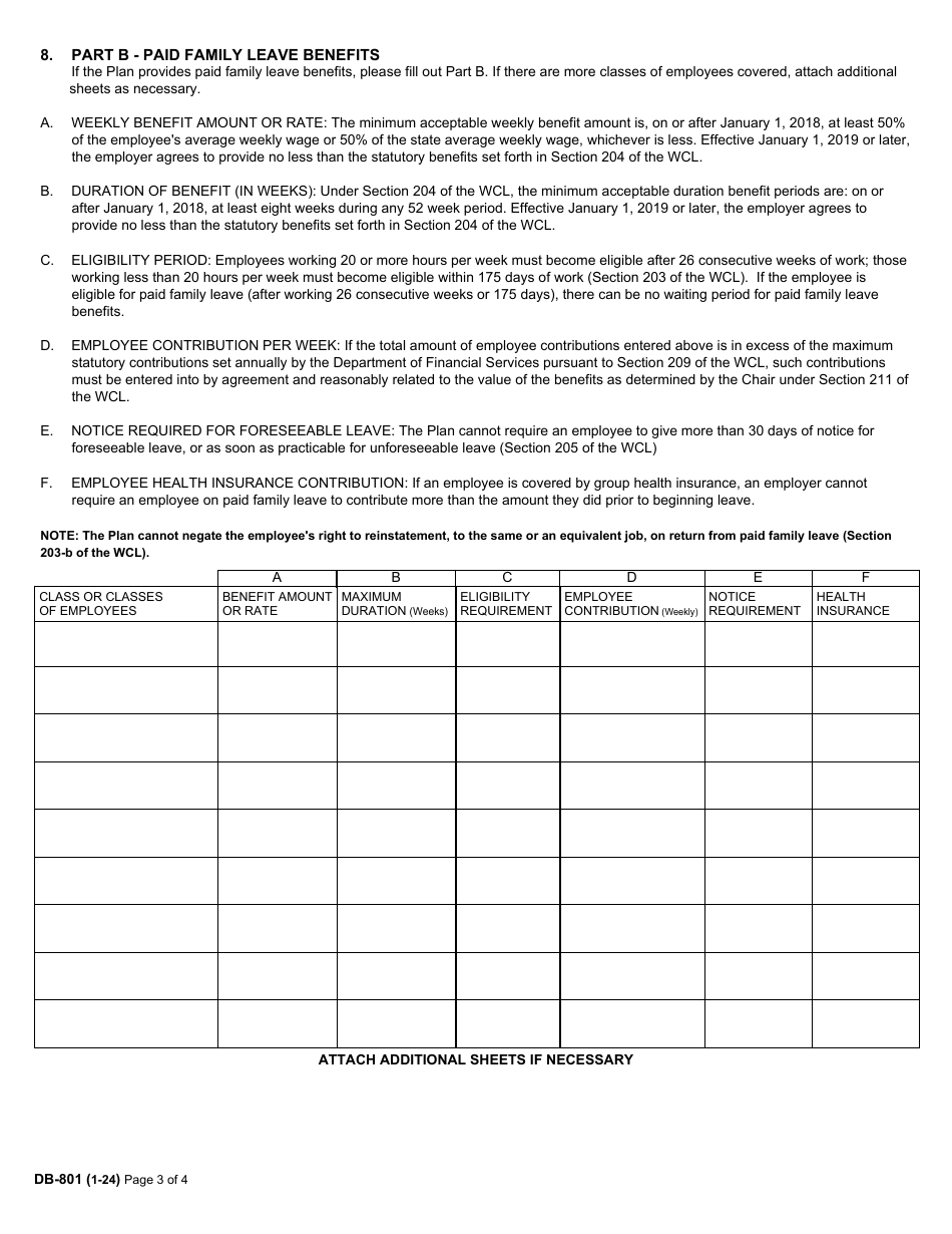 Form DB-801 Application for Approval of Plan of an Association of Employers or Employees, Union or Trustees Providing Disability and / or Paid Family Leave Benefits - New York, Page 3