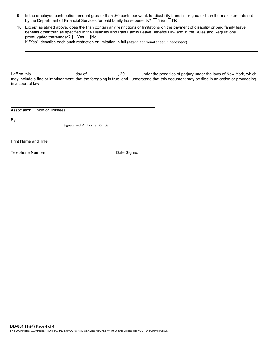 Form DB-801 Application for Approval of Plan of an Association of Employers or Employees, Union or Trustees Providing Disability and / or Paid Family Leave Benefits - New York, Page 4