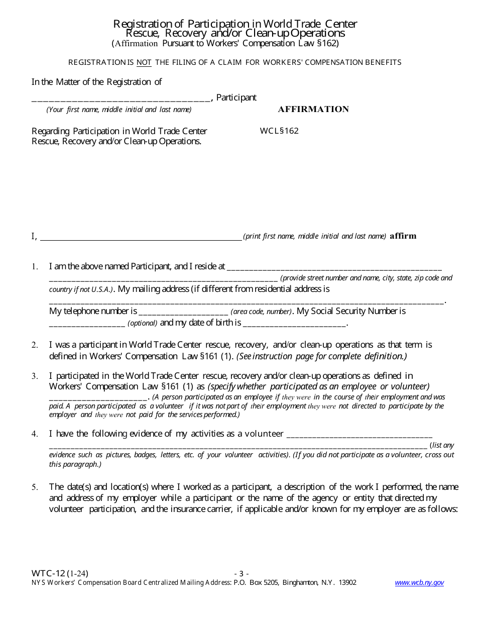Form WTC-12 Registration of Participation in World Trade Center Rescue, Recovery and / or Clean-Up Operations - New York, Page 3