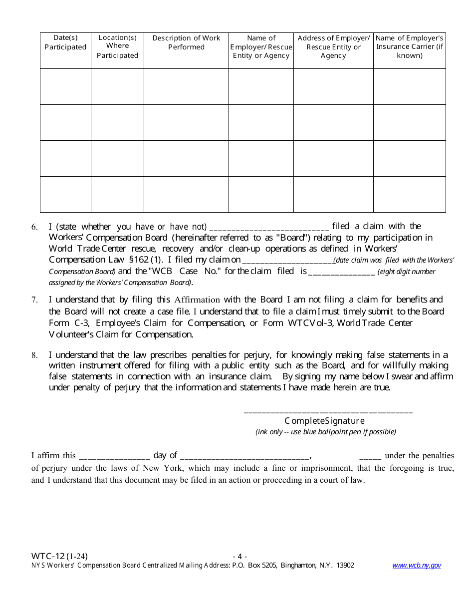 Form WTC-12 Registration of Participation in World Trade Center Rescue, Recovery and / or Clean-Up Operations - New York, Page 4