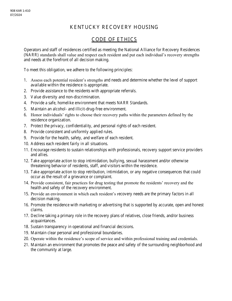 Code of Ethics - Kentucky Recovery Housing - Kentucky, Page 1
