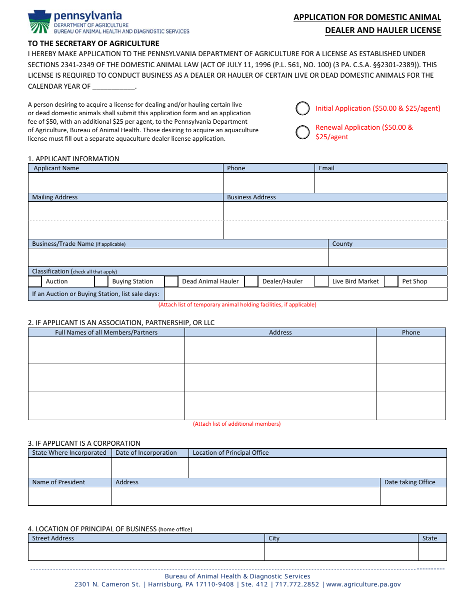 Application for Domestic Animal Dealer and Hauler License - Pennsylvania, Page 1